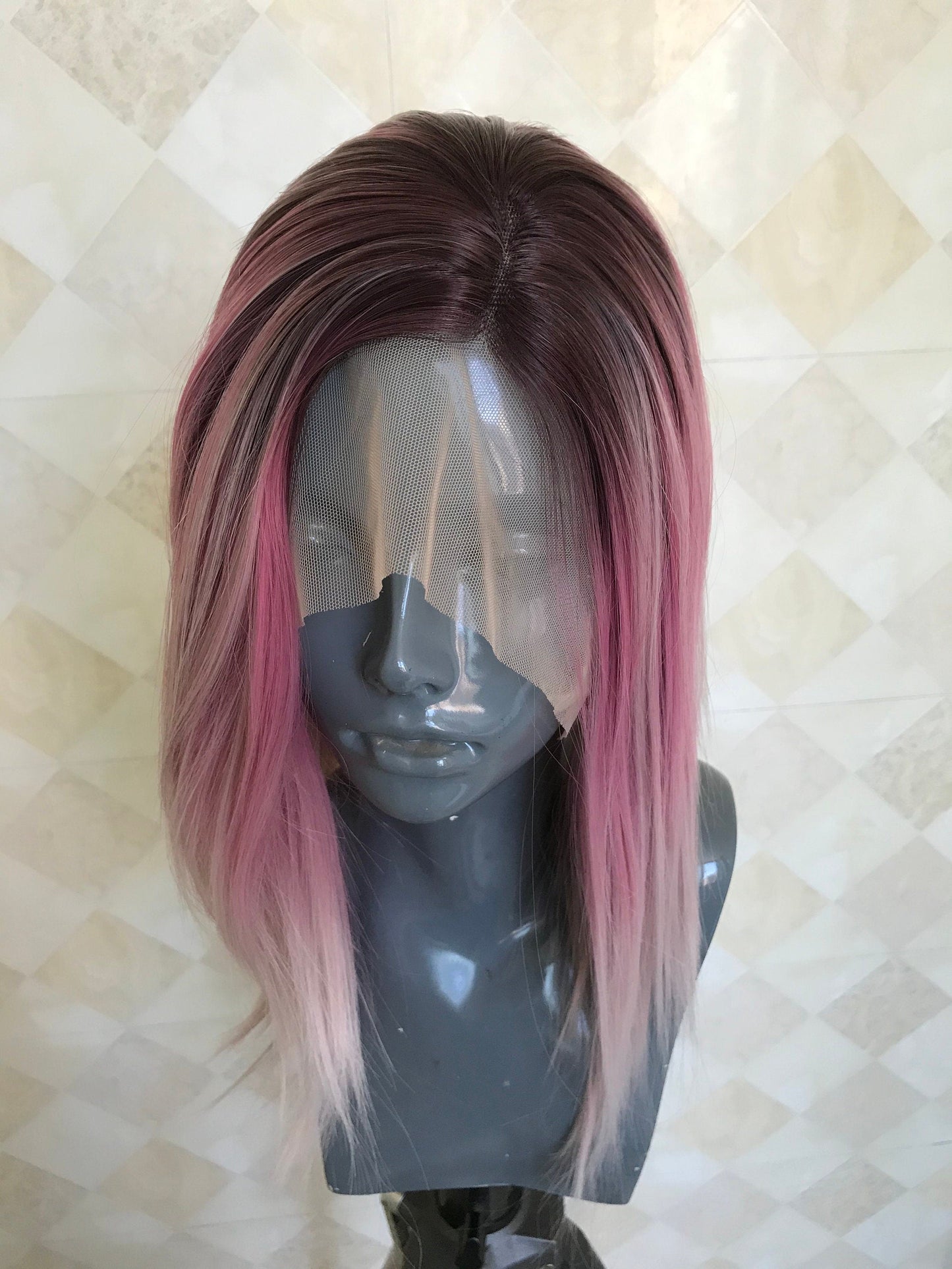 Rooted Blush Pink OmbreShort Straight Hair Premium Synthetic Lace frontal Wig Heat Safe Side Parting