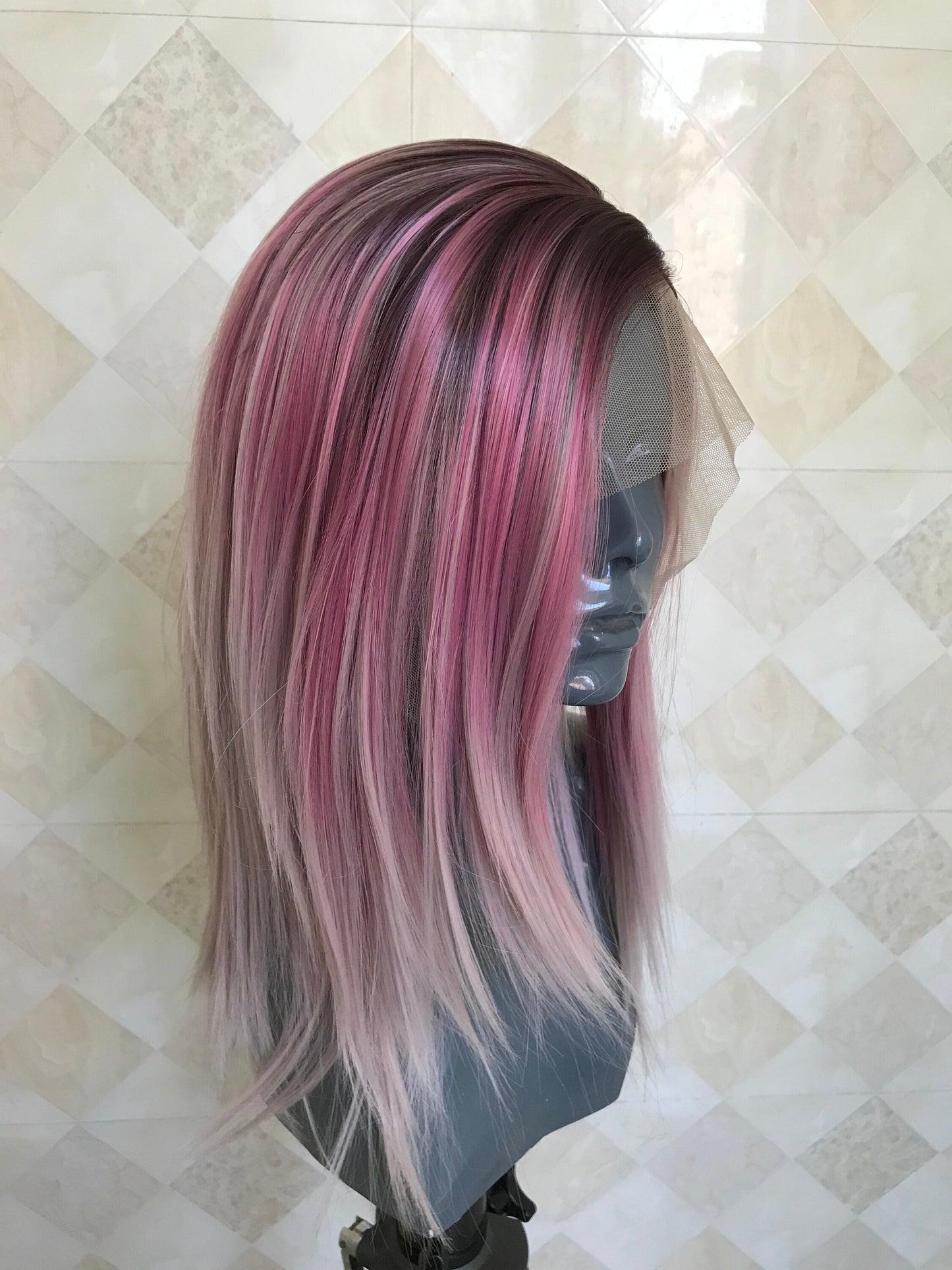 Rooted Blush Pink OmbreShort Straight Hair Premium Synthetic Lace frontal Wig Heat Safe Side Parting