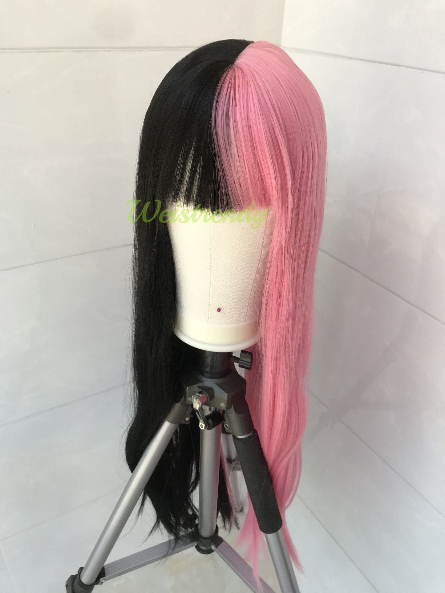 30in Split Dye Pink Black Long Straight Hair Premium Synthetic No Lace Wig with Bangs Heat Ok