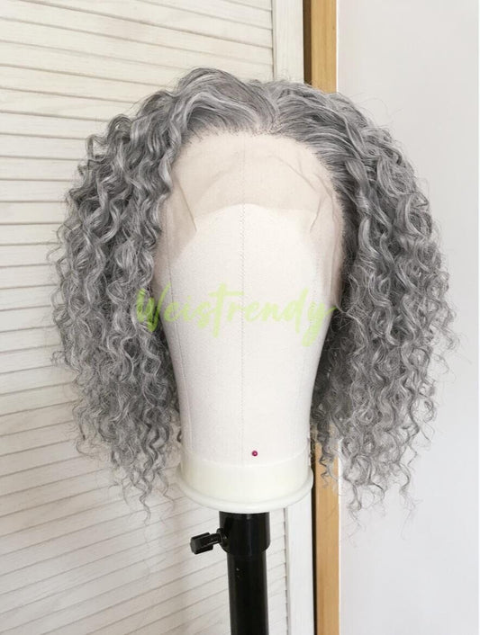 Mixed Grey Blonde Short Curly Wavy Hair Wigs Synthetic Lace Frontal Wig Free Part