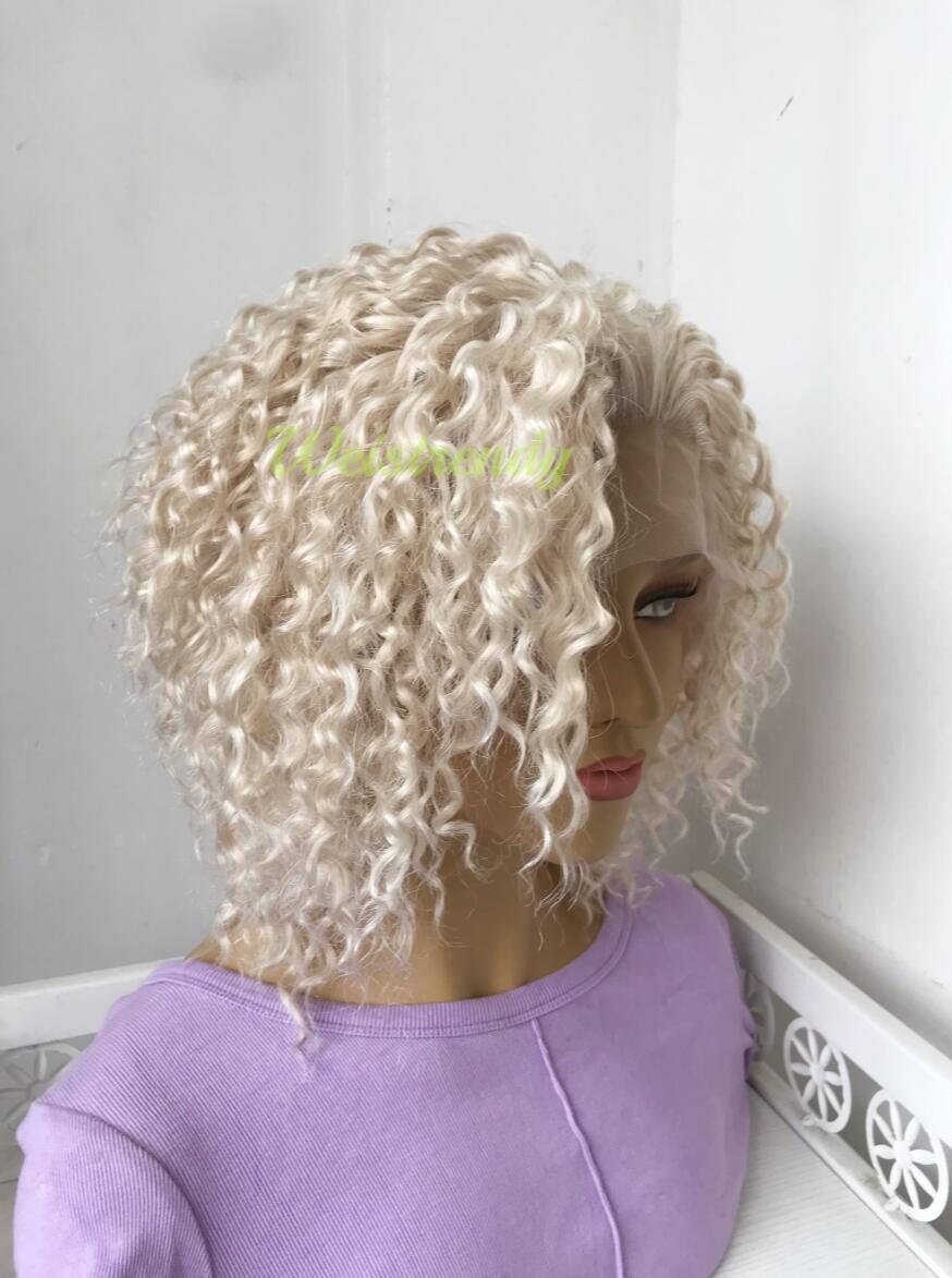 Mixed Platinum Blonde Short Curly Wavy Hair Wigs Synthetic Lace Frontal Wig Free Part