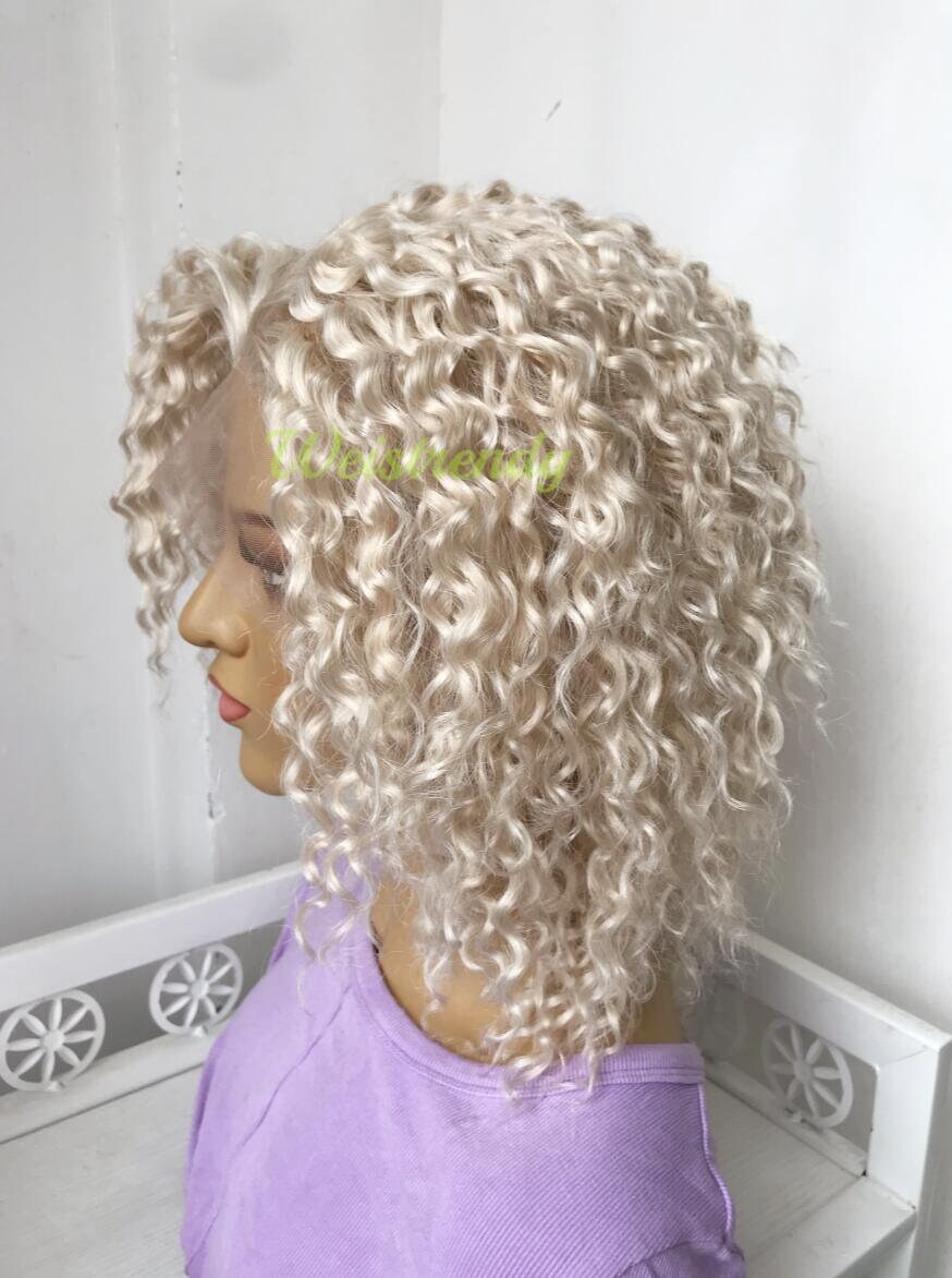 Mixed Platinum Blonde Short Curly Wavy Hair Wigs Synthetic Lace Frontal Wig Free Part