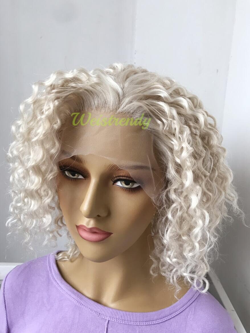 Mixed Platinum Blonde Short Curly Wavy Hair Wigs Synthetic Lace Frontal Wig Free Part