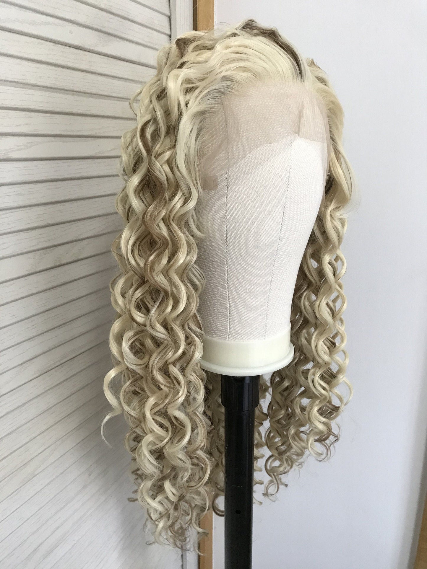 Mixed Blonde Brown Long Ring Curls Wigs Premium Synthetic Fibre Heat Safe Glueless Lace Frontal Wig