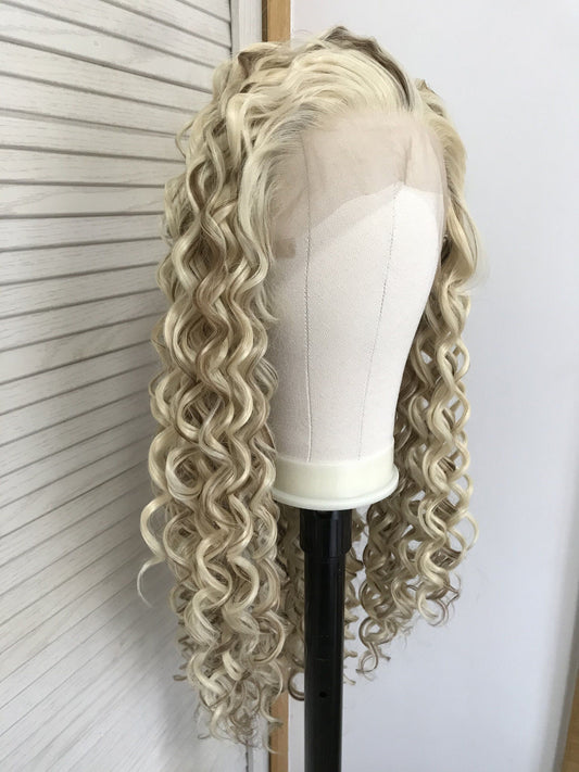 Mixed Blonde Brown Long Ring Curls Wigs Premium Synthetic Fibre Heat Safe Glueless Lace Frontal Wig