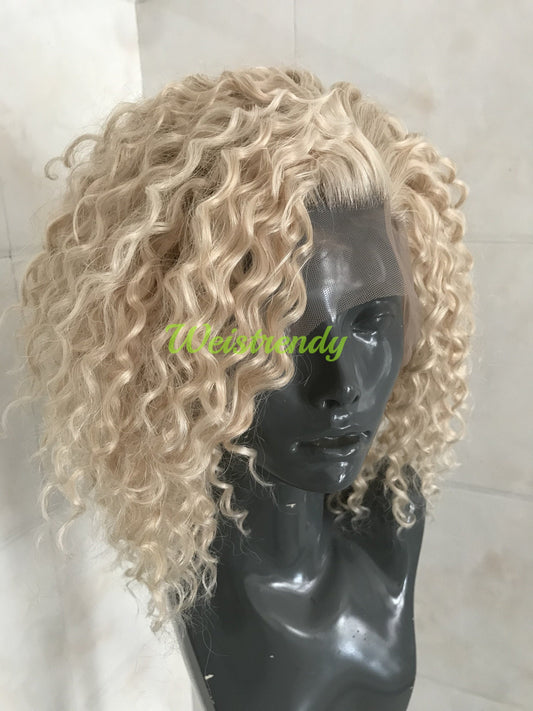 Mixed Platinum Blonde Short Spiral Curly Hair Wigs Synthetic Lace Frontal Wig Side Parting
