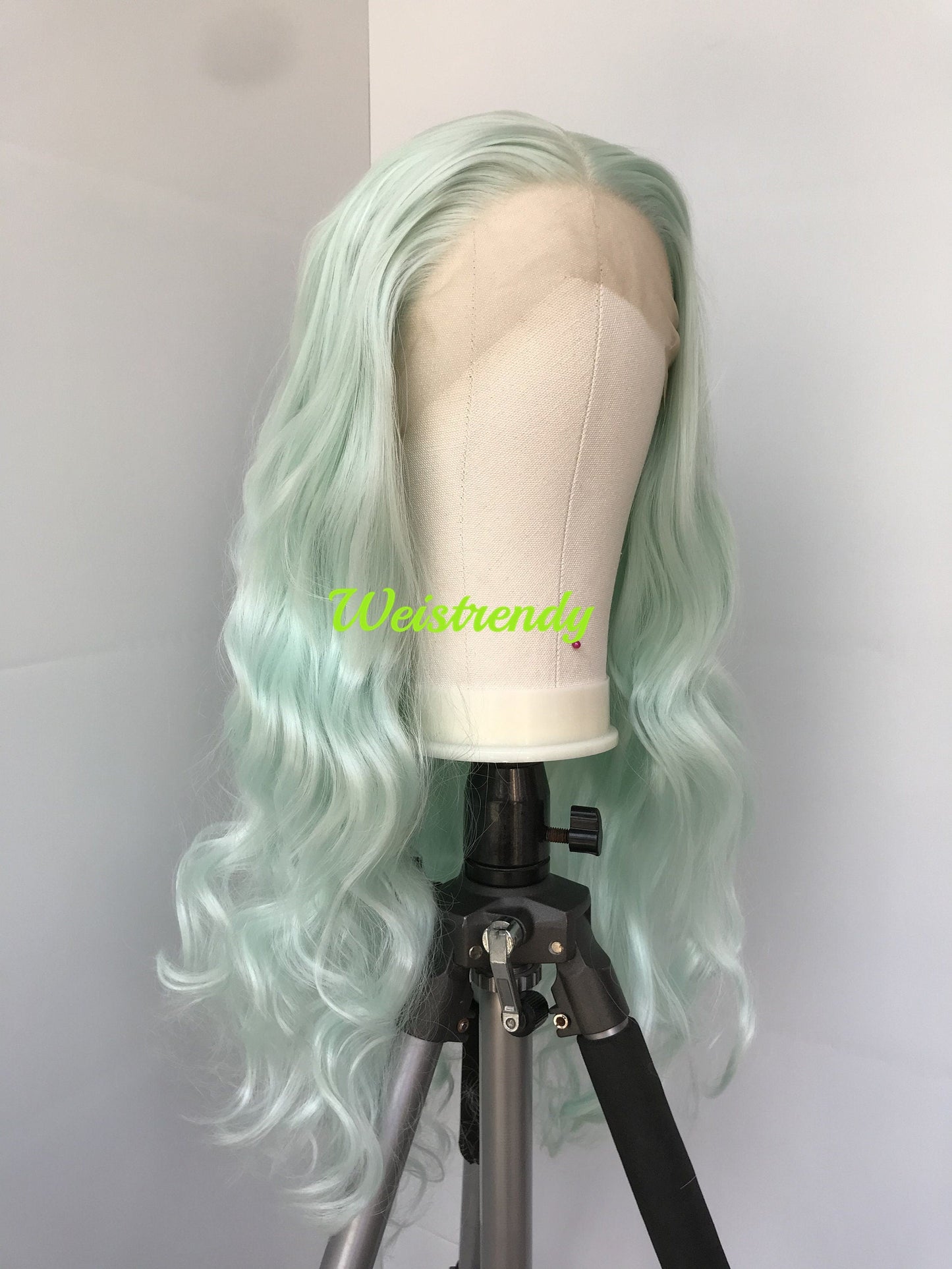 Mint Green Pastel Green Long Curls Wavy Hair Premium Synthetic Swiss Lace Front Wigs Heat Safe