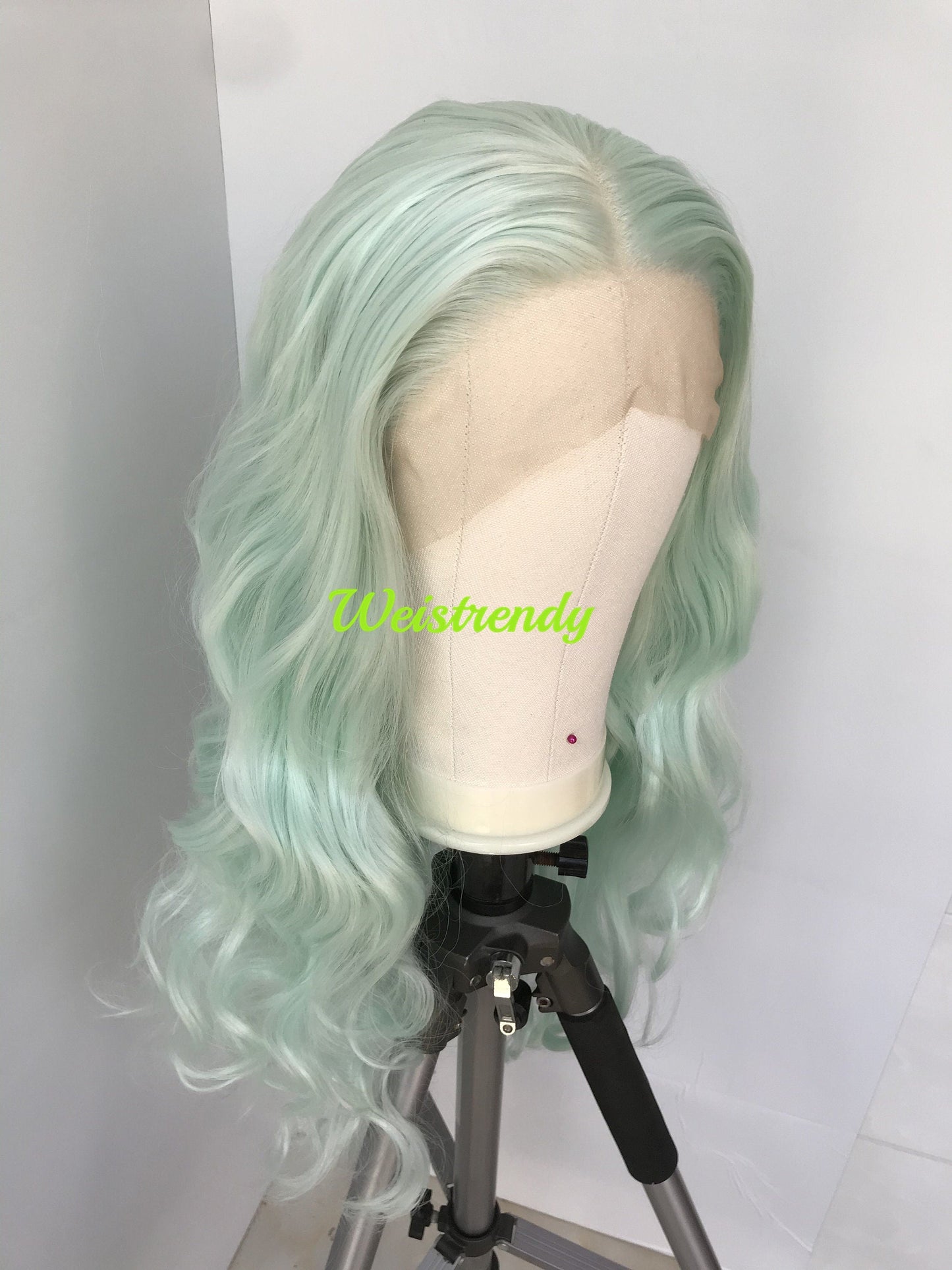 Mint Green Pastel Green Long Curls Wavy Hair Premium Synthetic Swiss Lace Front Wigs Heat Safe