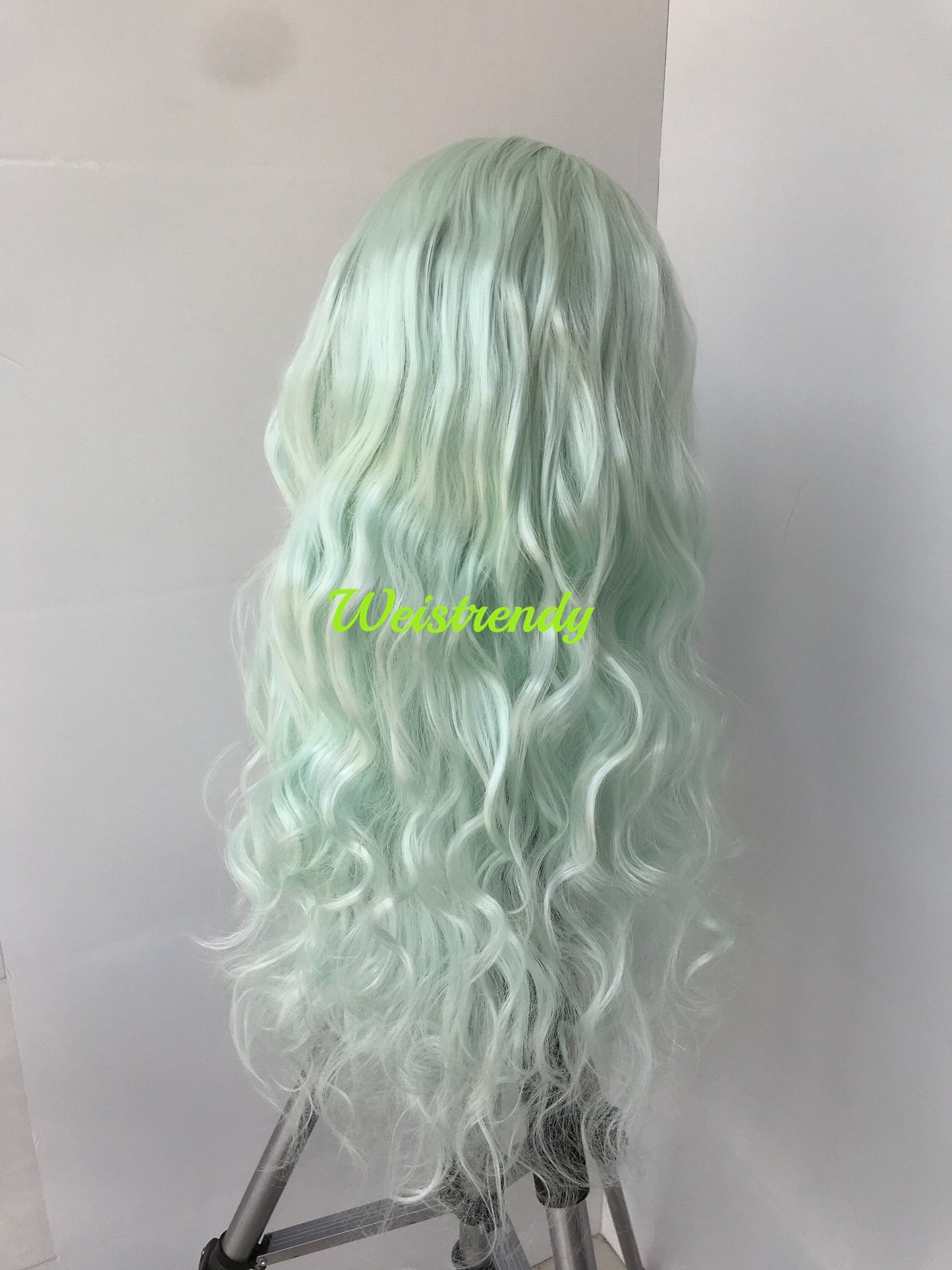 Mint Green Pastel Green Long Curls Wavy Hair Premium Synthetic Swiss Lace Front Wigs Heat Safe
