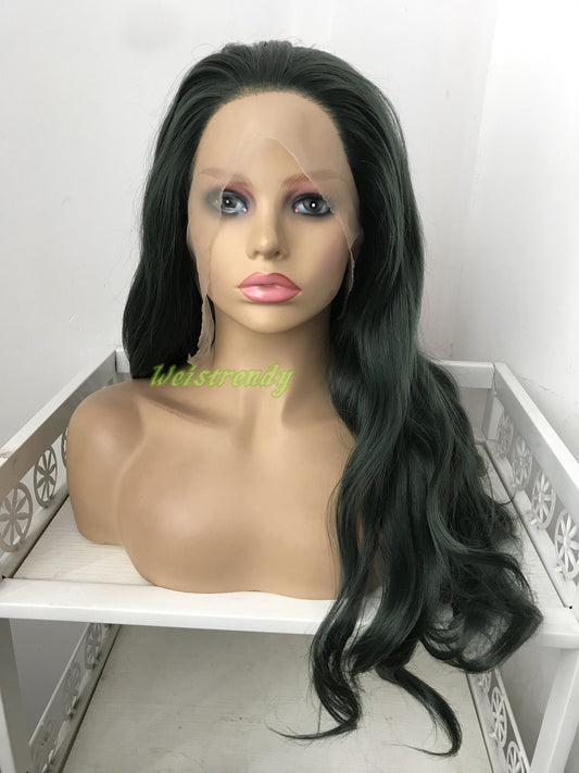 Dark Green | Christmas Green Long Wavy Hair Multi Part Premium Synthetic Soft Swiss Lace Wig Heat Friendly