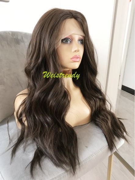Light Weight Dark Brown Loose Wavy Long Straight Layered Centre Part Premium Synthetic Soft Swiss Lace Wig 6" Deep Part