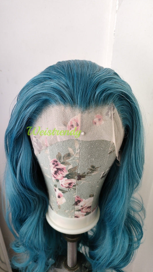 Ocean Blue Long Curls Wavy Hair Premium Synthetic Swiss Lace Frontal Wig Cosplay Costume Wigs