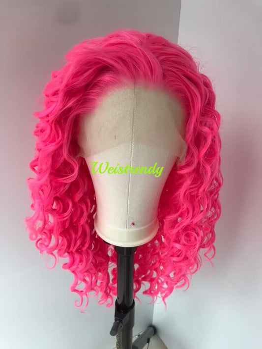 Neon Pink Long Ring Curls Wigs Premium Synthetic Fibre Heat Safe Glueless Lace Frontal Wig