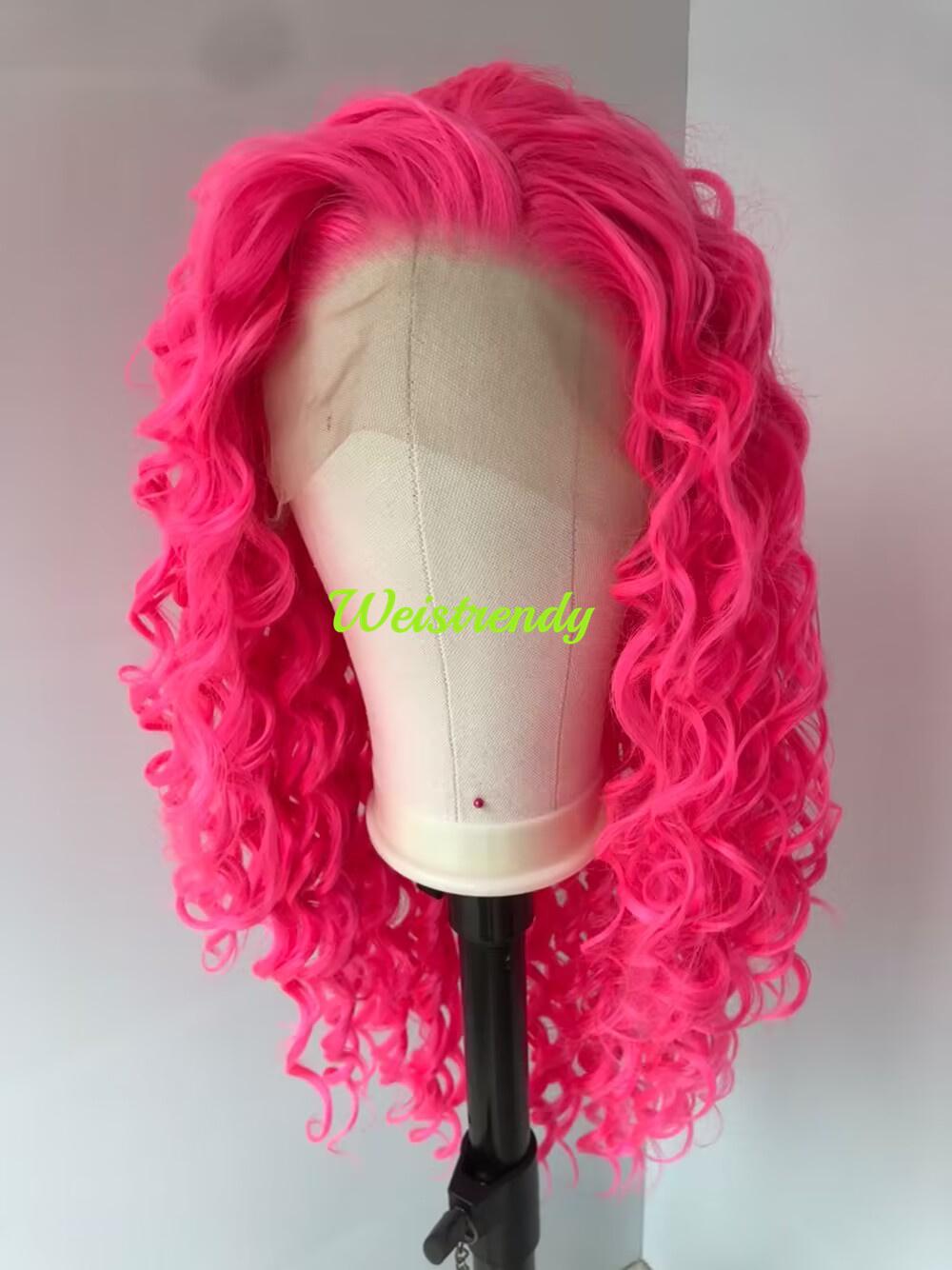 Neon Pink Long Ring Curls Wigs Premium Synthetic Fibre Heat Safe Glueless Lace Frontal Wig