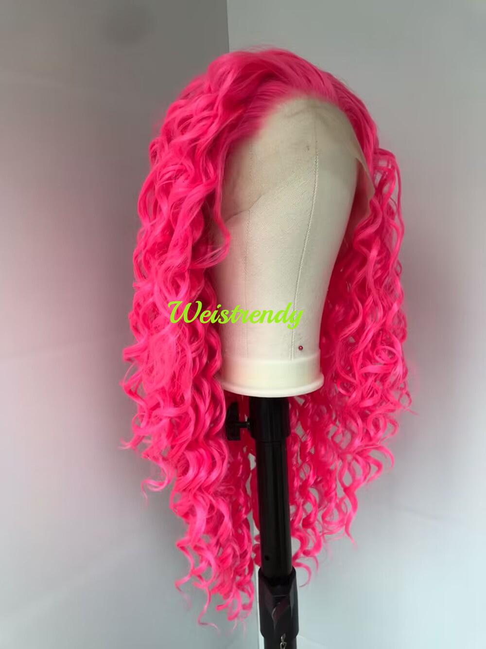 Neon Pink Long Ring Curls Wigs Premium Synthetic Fibre Heat Safe Glueless Lace Frontal Wig