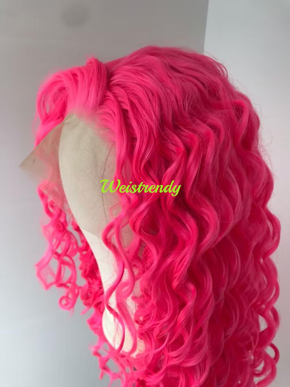 Neon Pink Long Ring Curls Wigs Premium Synthetic Fibre Heat Safe Glueless Lace Frontal Wig