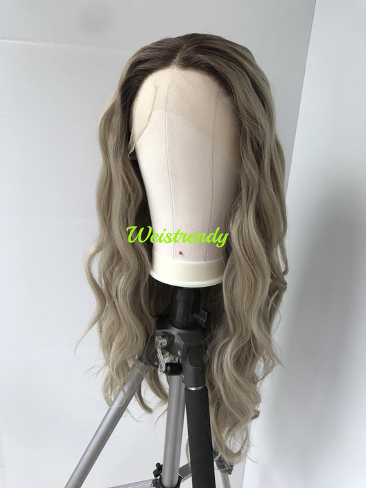 28in Realistic Rooted Ash Blonde | Light Blonde Long Wavy Hair Premium Synthetic Lace Front Wig Heat Friendly