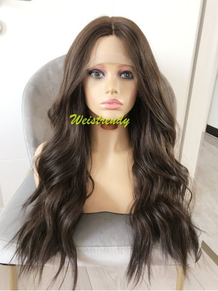 Light Weight Dark Brown Loose Wavy Long Straight Layered Centre Part Premium Synthetic Soft Swiss Lace Wig 6" Deep Part