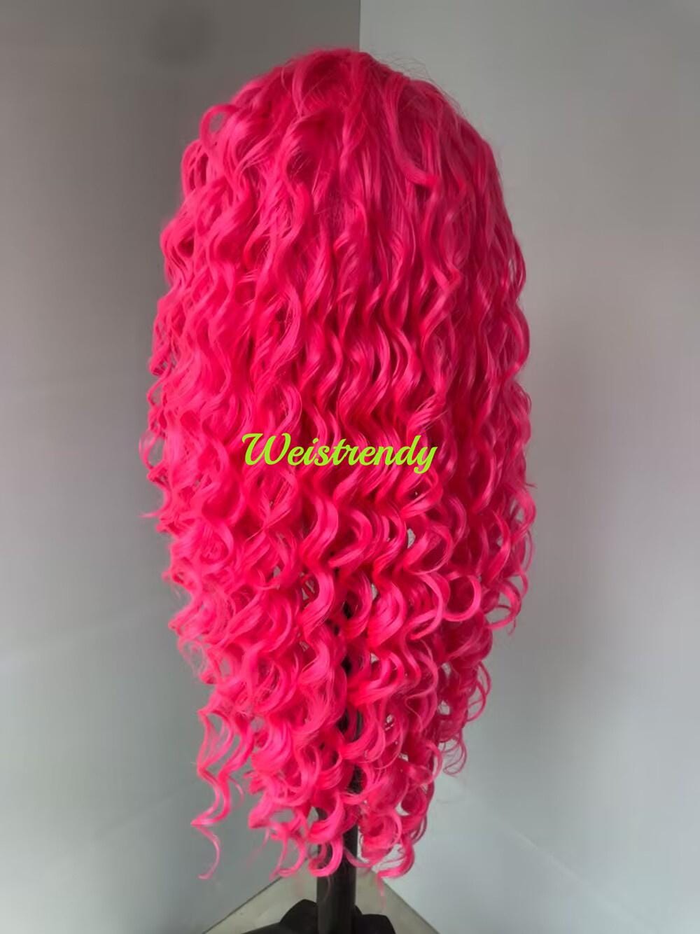 Neon Pink Long Ring Curls Wigs Premium Synthetic Fibre Heat Safe Glueless Lace Frontal Wig