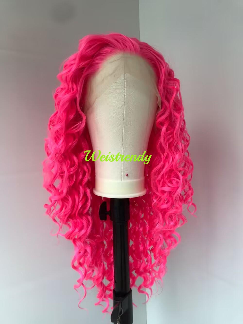 Neon Pink Long Ring Curls Wigs Premium Synthetic Fibre Heat Safe Glueless Lace Frontal Wig