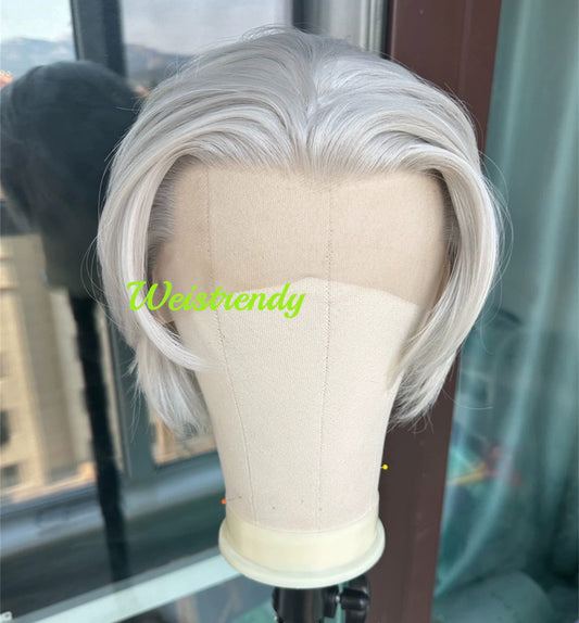 Lace Frontal Hand-tied Silver Grey Pixie Cut Cuticles Synthetic Lace Wig