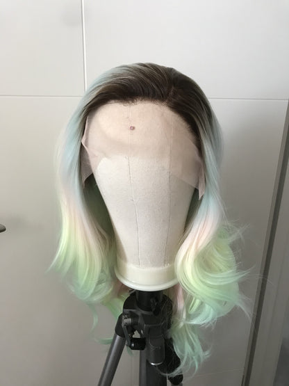 Rooted Pastel Green Rainbow Long Curls Wavy Hair Layered Centre Part Premium Synthetic Lace Wig