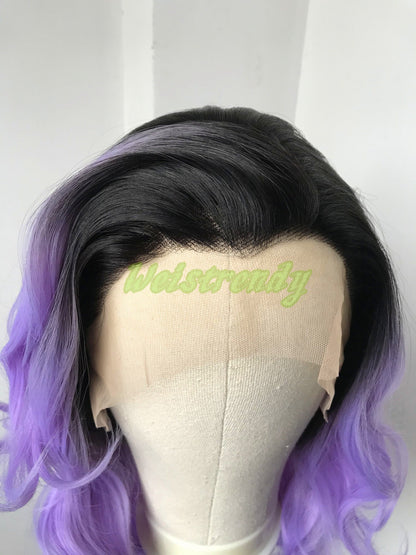 Black Rooted Purple | lavender 16in Short Curls Wigs Premium Synthetic Lace Frontal Ombré Wig Free Part | Realistic