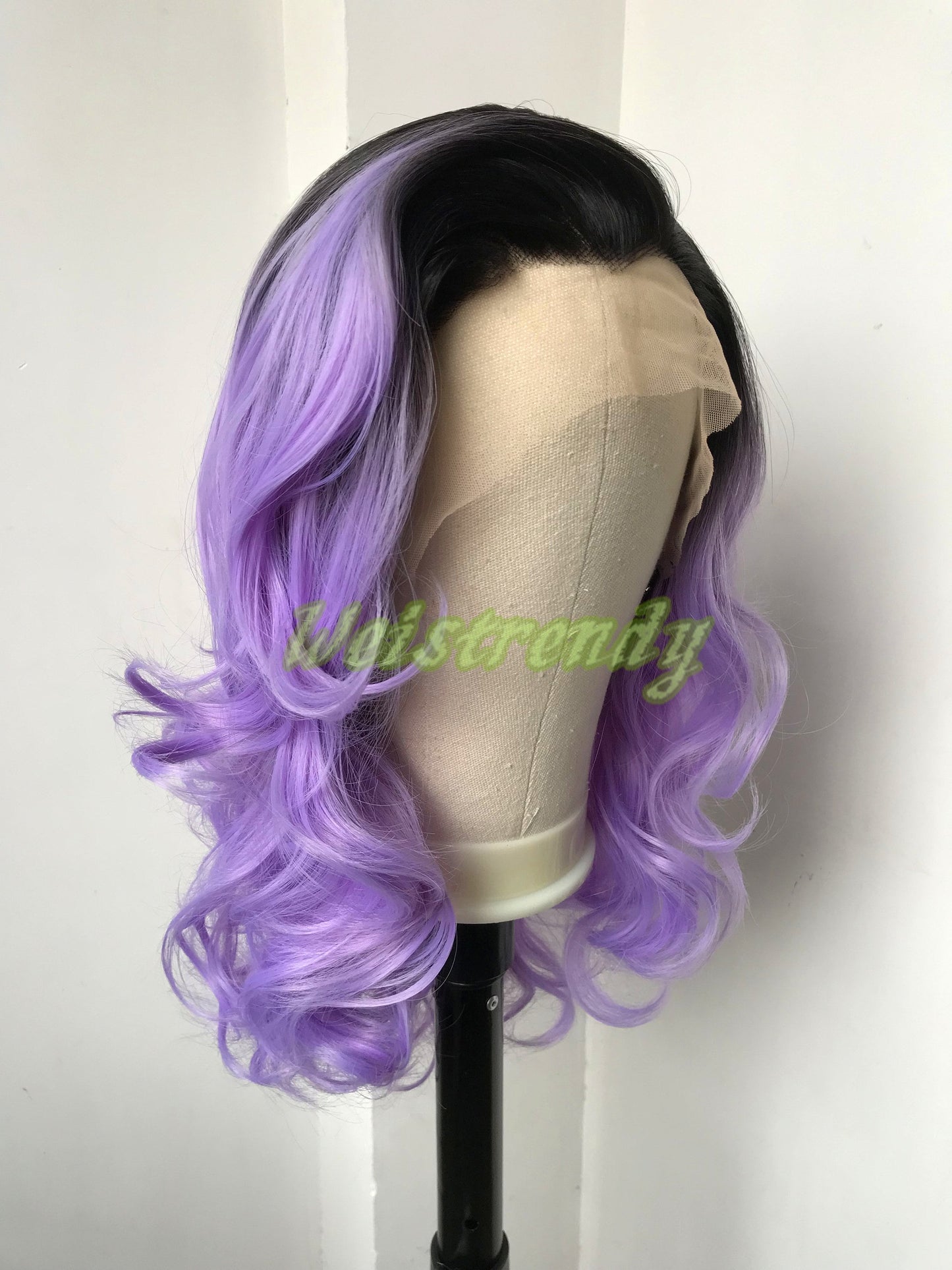 Black Rooted Purple | lavender 16in Short Curls Wigs Premium Synthetic Lace Frontal Ombré Wig Free Part | Realistic
