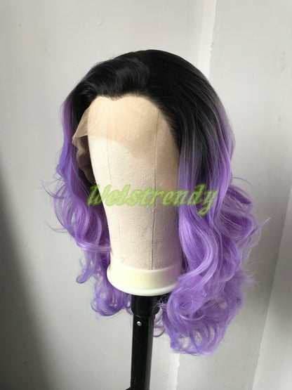 Black Rooted Purple | lavender 16in Short Curls Wigs Premium Synthetic Lace Frontal Ombré Wig Free Part | Realistic