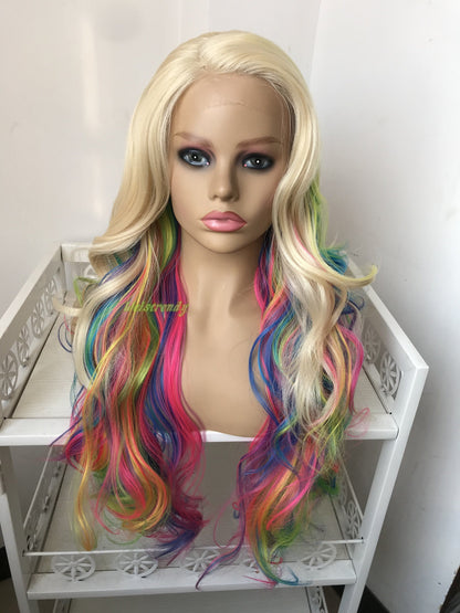 613 Blonde Mixed Rainbow Colorful Long Curls Wigs Synthetic Lace Front Wig Side Part Cosplay Wig