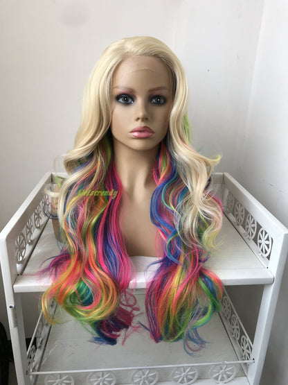 613 Blonde Mixed Rainbow Colorful Long Curls Wigs Synthetic Lace Front Wig Side Part Cosplay Wig