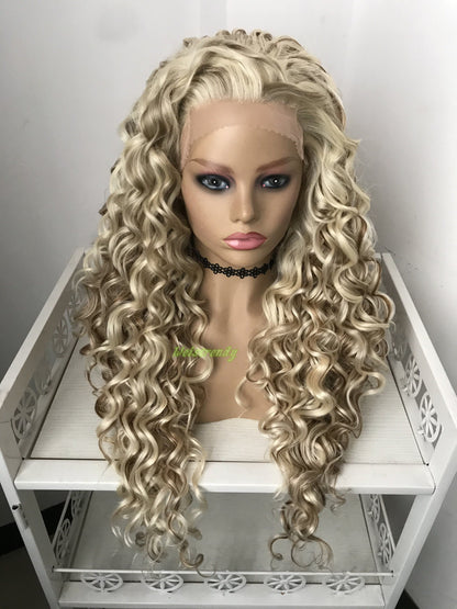 Mixed Blonde Brown Long Ring Curls Wigs Premium Synthetic Fibre Heat Safe Glueless Lace Frontal Wig