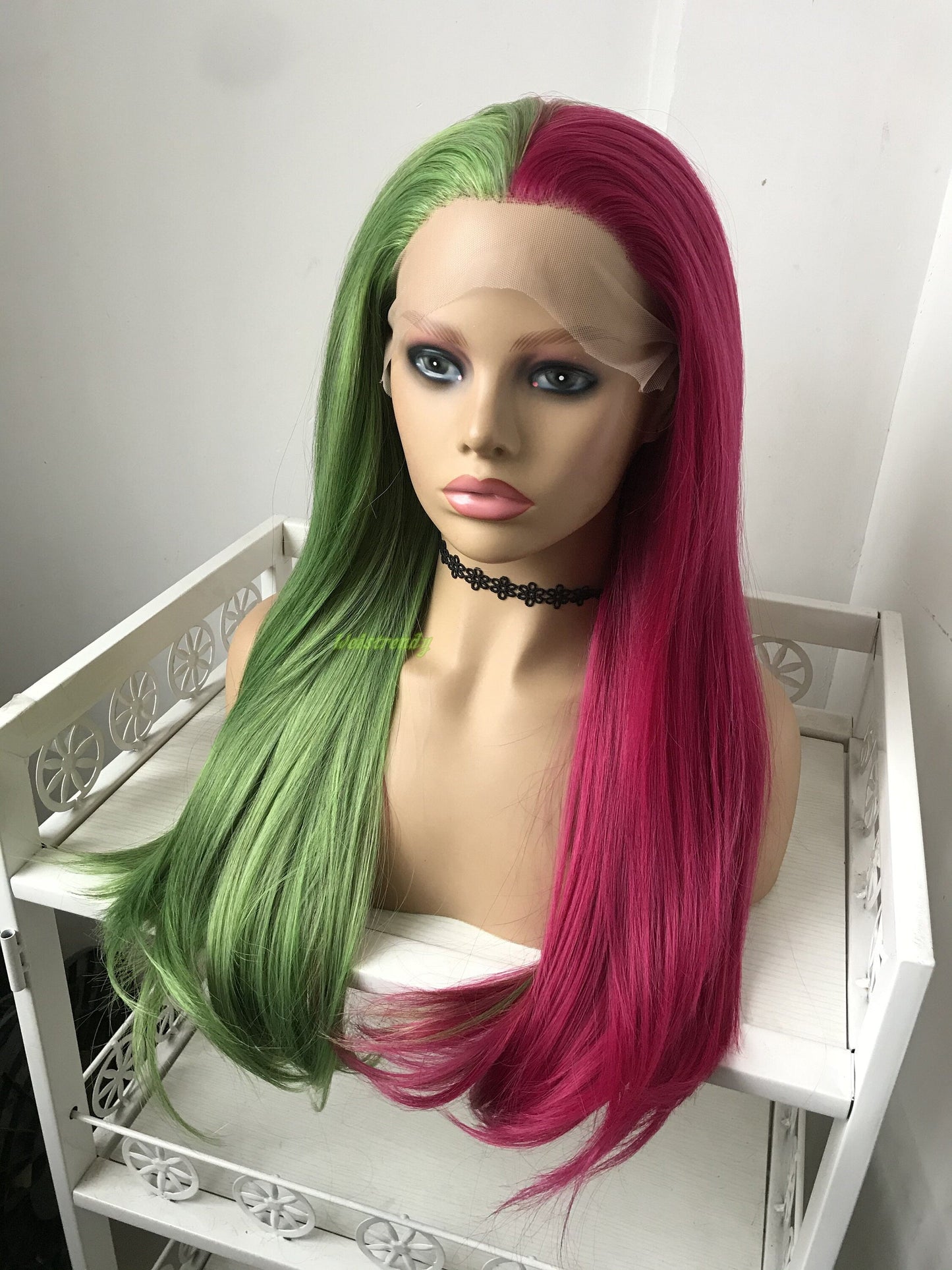 Half and Half Mixed Green Pink Long Straight Hair Premium Synthetic Lace Frontal Ombre Wig Multi Part