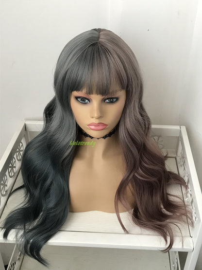 Half and Half Dusty Purple Dusty Blue Mixed Color Long Waves Hair Premium Synthetic No Lace Wig with Bangs Heat Safe