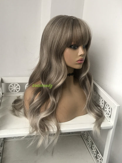 Mixed Brown Blonde Ombre Platinum Blonde Long Wavy Wigs with Fringes/Bangs Synthetic Wigs Heat Safe
