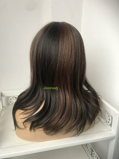 Mixed Black Brown Medium Length Straight Curl | Bangs/Fringe | Premium Synthetic Heat Safe Fibre Full cap Wig Realistic Wigs