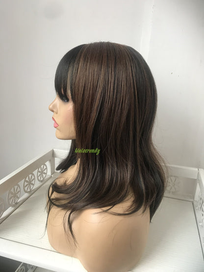 Mixed Black Brown Medium Length Straight Curl | Bangs/Fringe | Premium Synthetic Heat Safe Fibre Full cap Wig Realistic Wigs