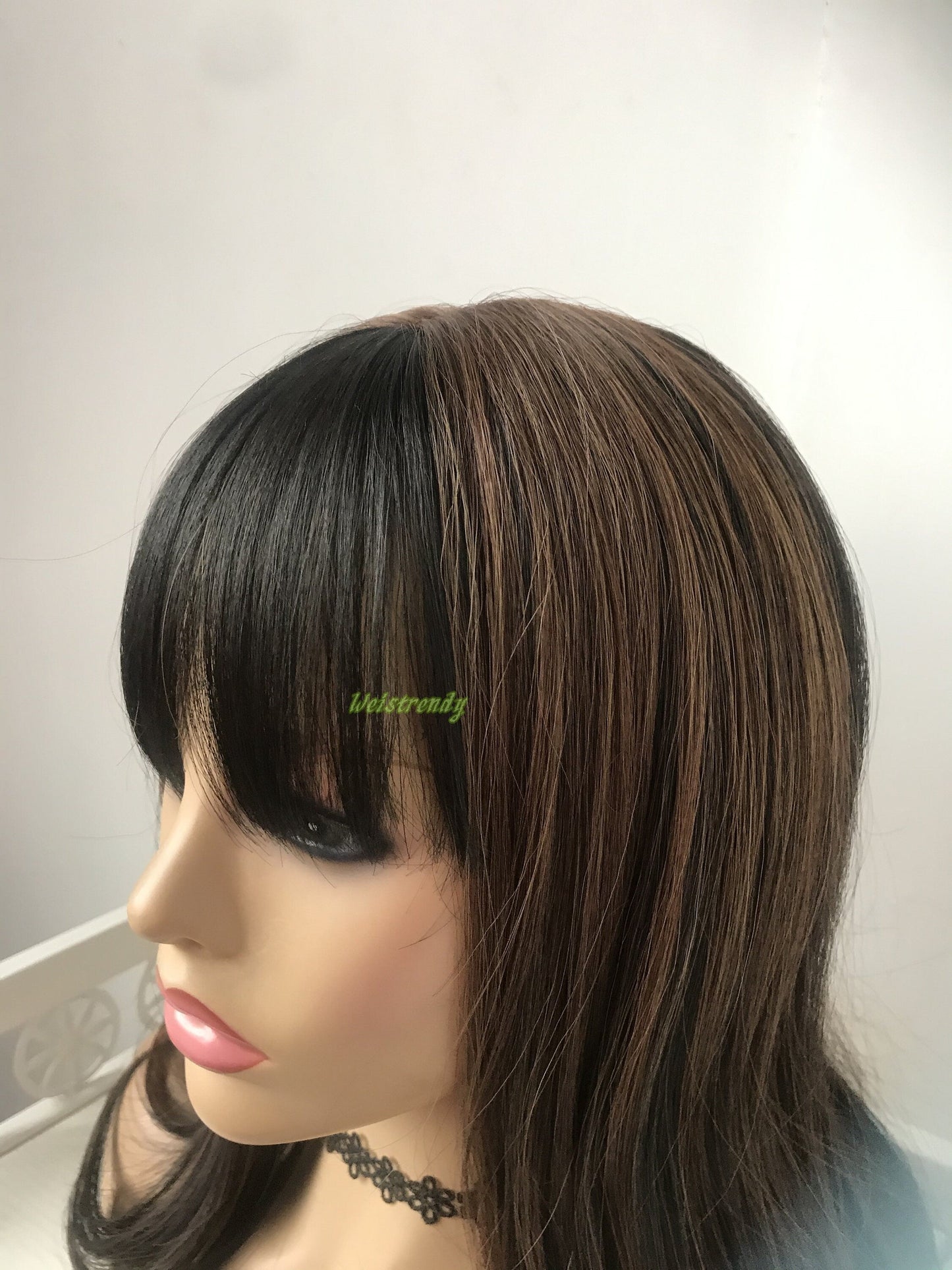 Mixed Black Brown Medium Length Straight Curl | Bangs/Fringe | Premium Synthetic Heat Safe Fibre Full cap Wig Realistic Wigs