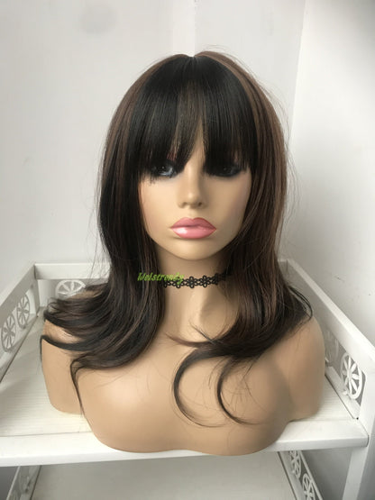 Mixed Black Brown Medium Length Straight Curl | Bangs/Fringe | Premium Synthetic Heat Safe Fibre Full cap Wig Realistic Wigs
