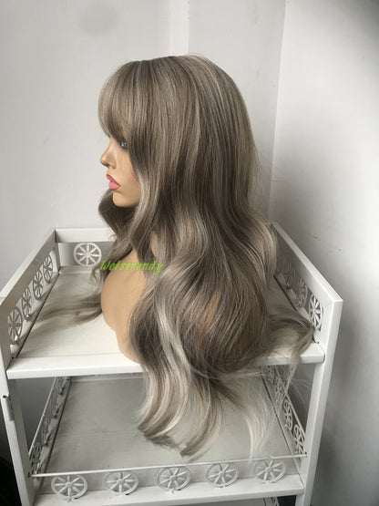 Mixed Brown Blonde Ombre Platinum Blonde Long Wavy Wigs with Fringes/Bangs Synthetic Wigs Heat Safe