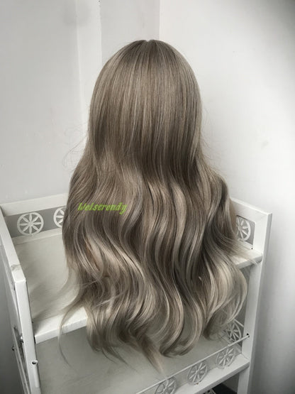 Mixed Brown Blonde Ombre Platinum Blonde Long Wavy Wigs with Fringes/Bangs Synthetic Wigs Heat Safe