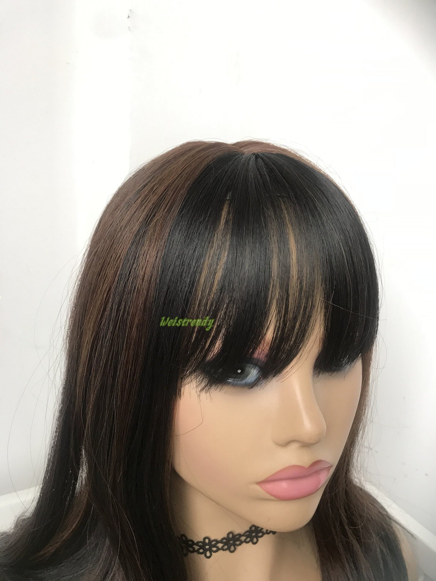 Mixed Black Brown Medium Length Straight Curl | Bangs/Fringe | Premium Synthetic Heat Safe Fibre Full cap Wig Realistic Wigs