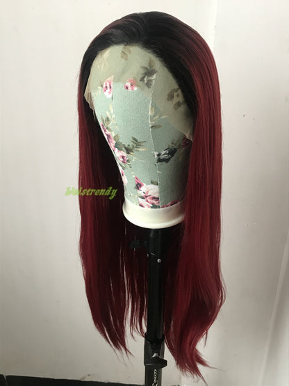 Ombré Dark Red Long Straight Hair with Black Roots Premium Synthetic Soft Swiss Lace Frontal Wig Multi Parting