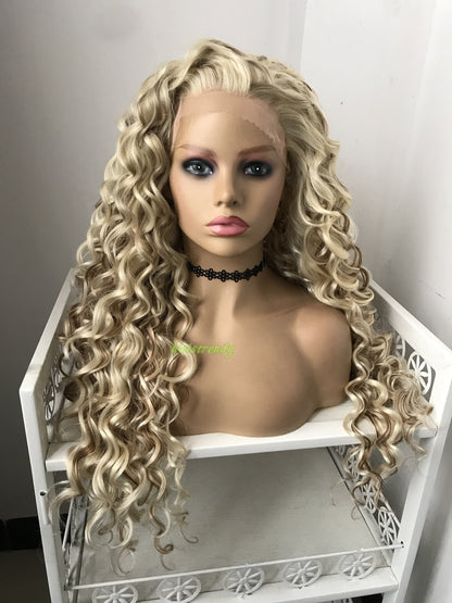 Mixed Blonde Brown Long Ring Curls Wigs Premium Synthetic Fibre Heat Safe Glueless Lace Frontal Wig