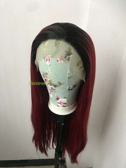 Ombré Dark Red Long Straight Hair with Black Roots Premium Synthetic Soft Swiss Lace Frontal Wig Multi Parting
