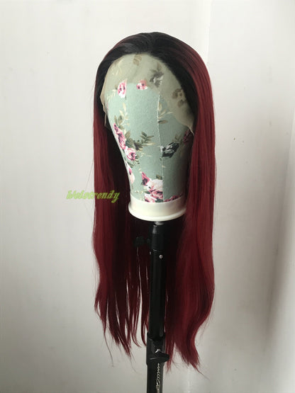 Ombré Dark Red Long Straight Hair with Black Roots Premium Synthetic Soft Swiss Lace Frontal Wig Multi Parting