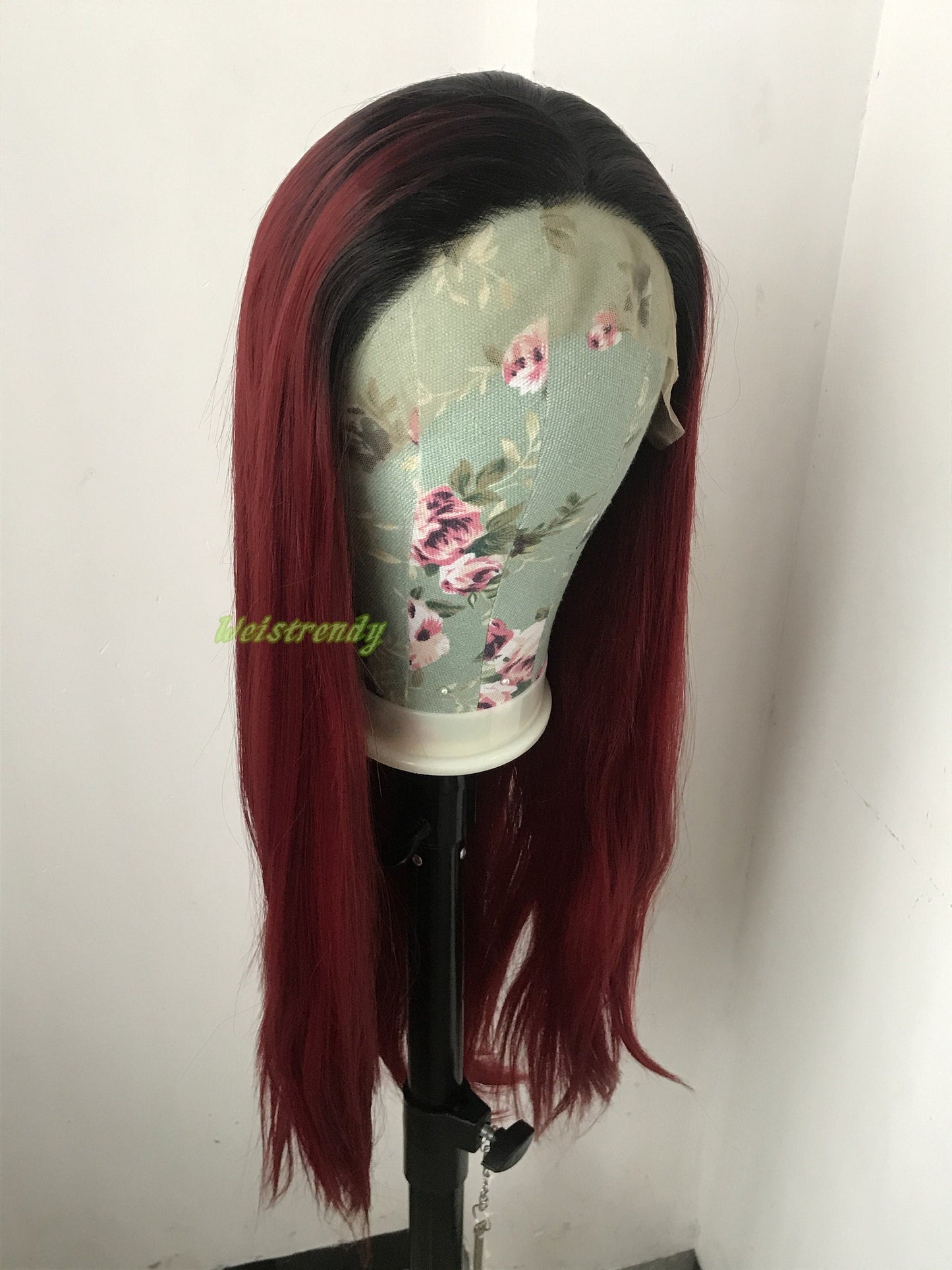 Ombré Dark Red Long Straight Hair with Black Roots Premium Synthetic Soft Swiss Lace Frontal Wig Multi Parting
