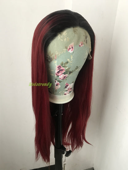 Ombré Dark Red Long Straight Hair with Black Roots Premium Synthetic Soft Swiss Lace Frontal Wig Multi Parting