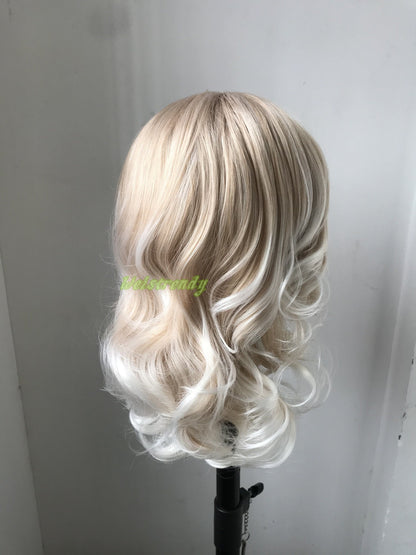 Mixed Blonde With White Tint Hair Medium Length Curls Wavy Hair Premium Synthetic Soft Swiss Lace Front Wigs