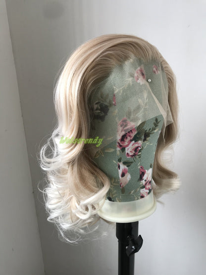 Mixed Blonde With White Tint Hair Medium Length Curls Wavy Hair Premium Synthetic Soft Swiss Lace Front Wigs